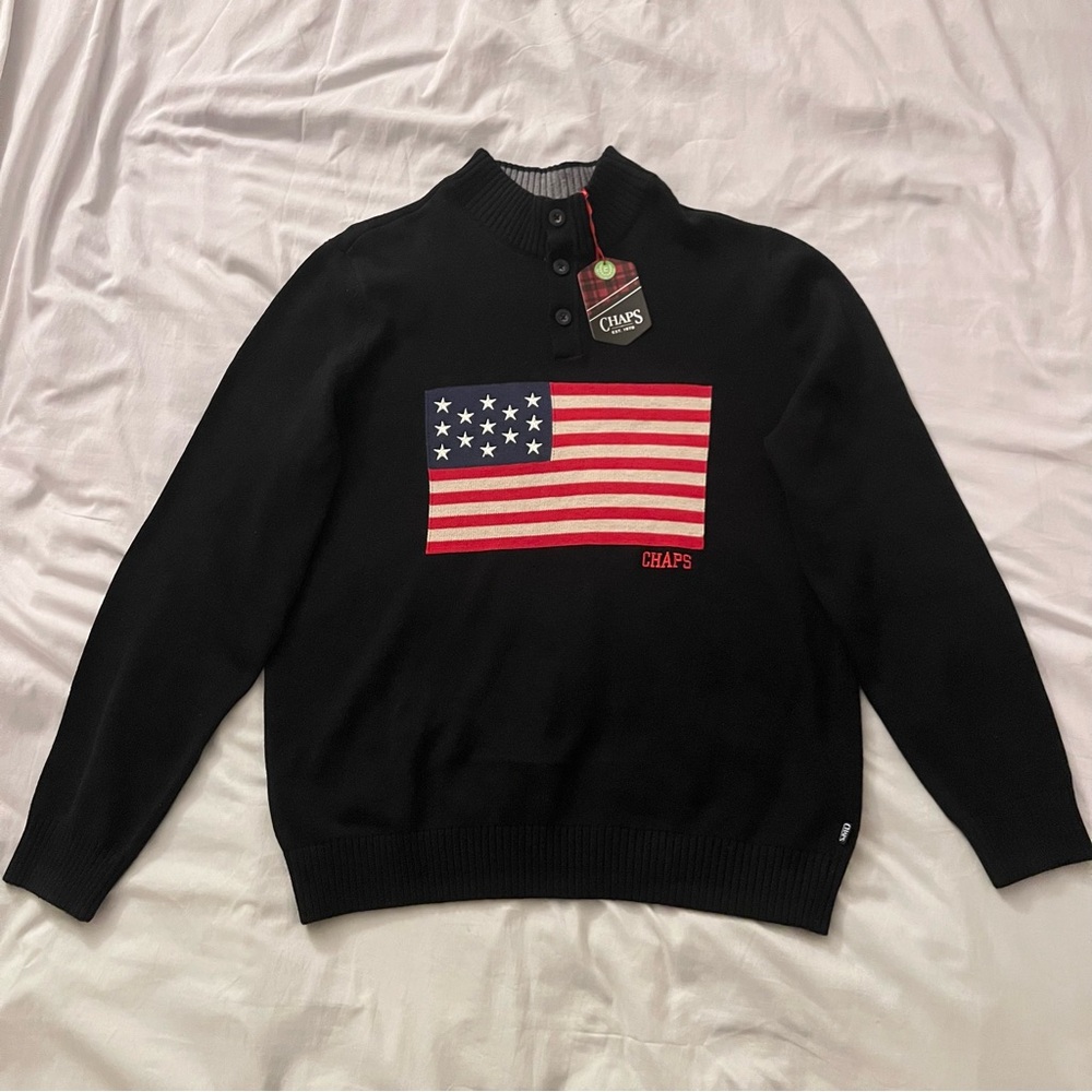 Chaps Black Button Neck Sweater with Flag Design